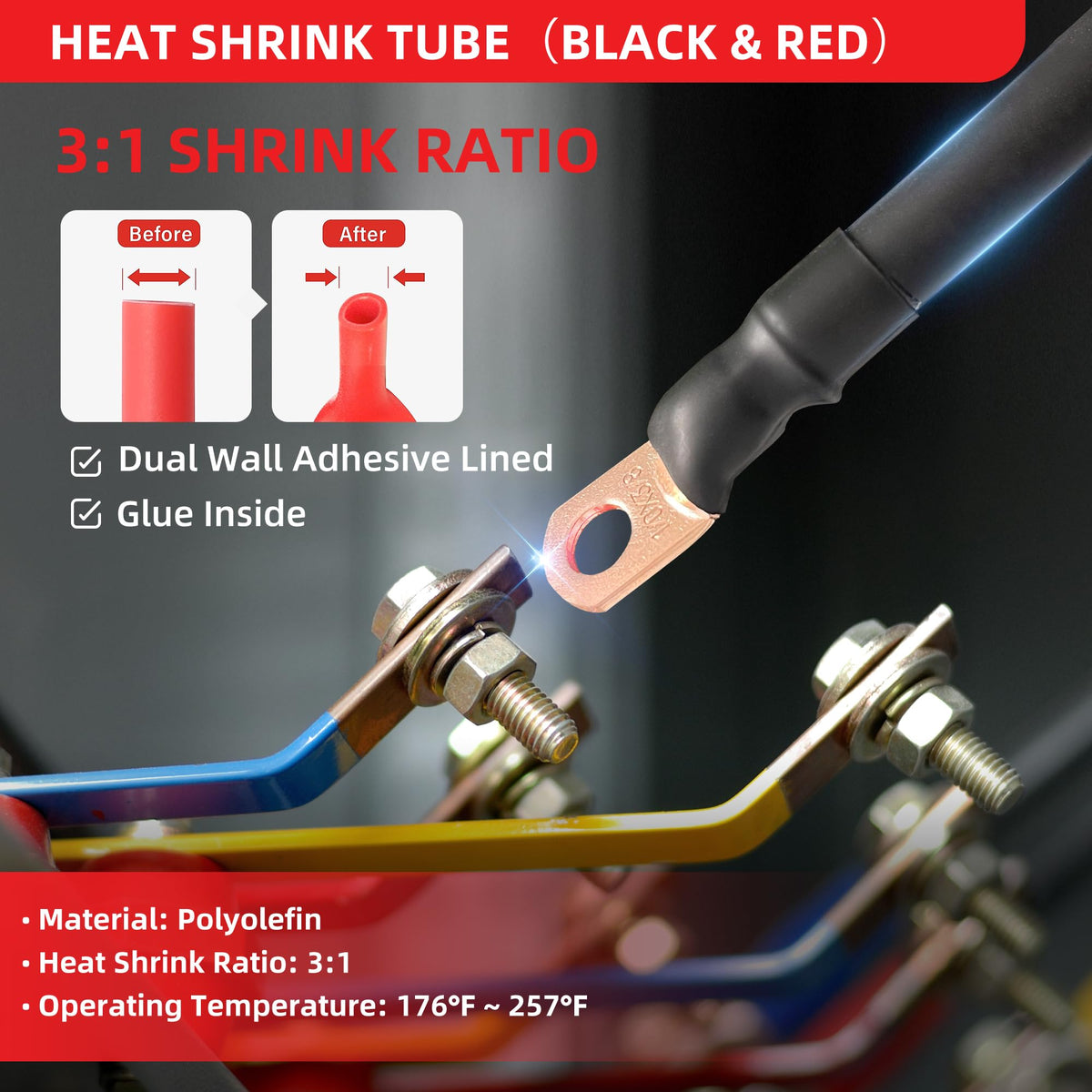 RED WOLF battery cable ends assembled for durable electrical connections.