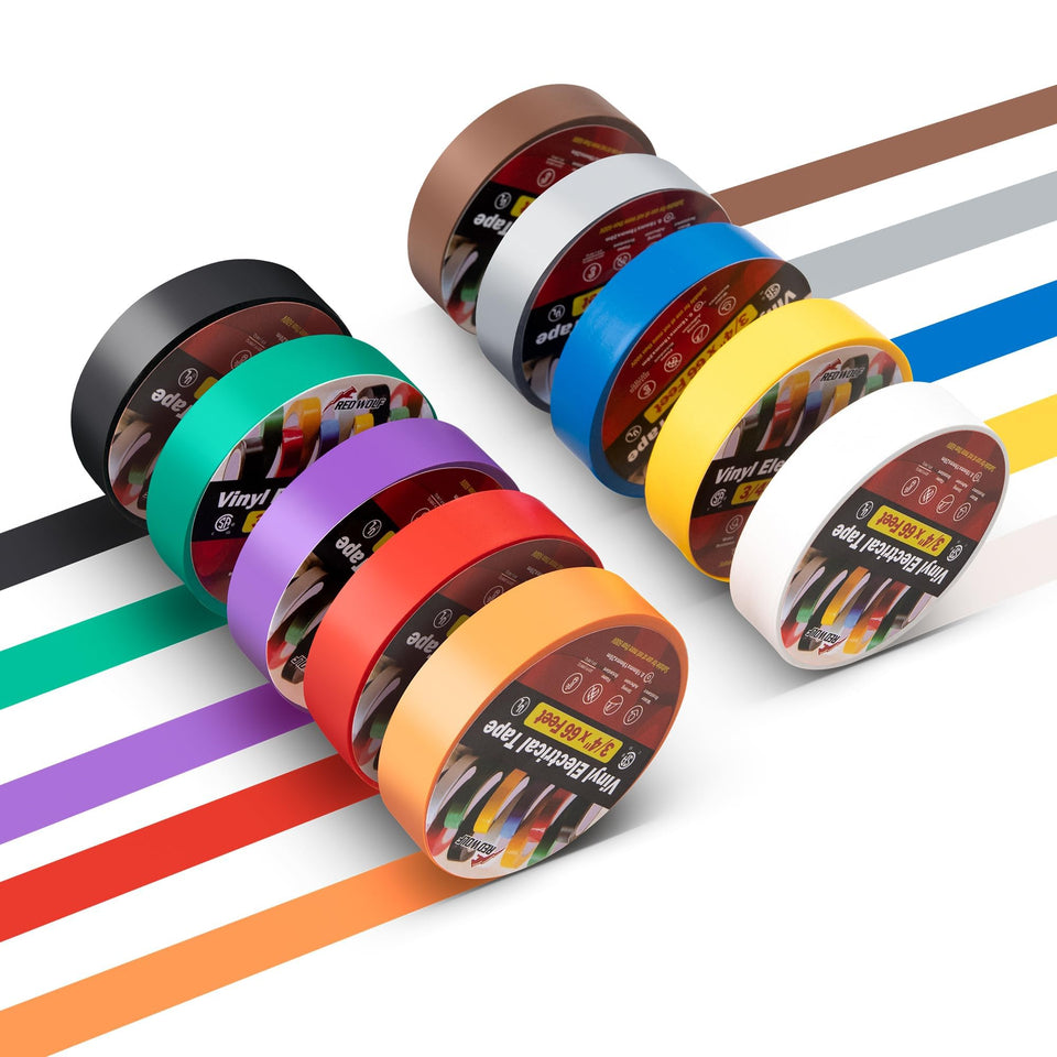 RED WOLF rainbow-colored electrical tape shown on reels, ideal for color-coding wiring.