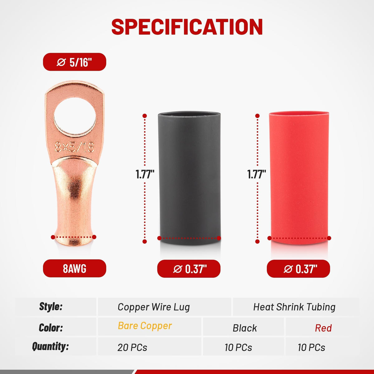 RED WOLF heavy-duty copper lug close-up with a flared opening for easy wire insertion.