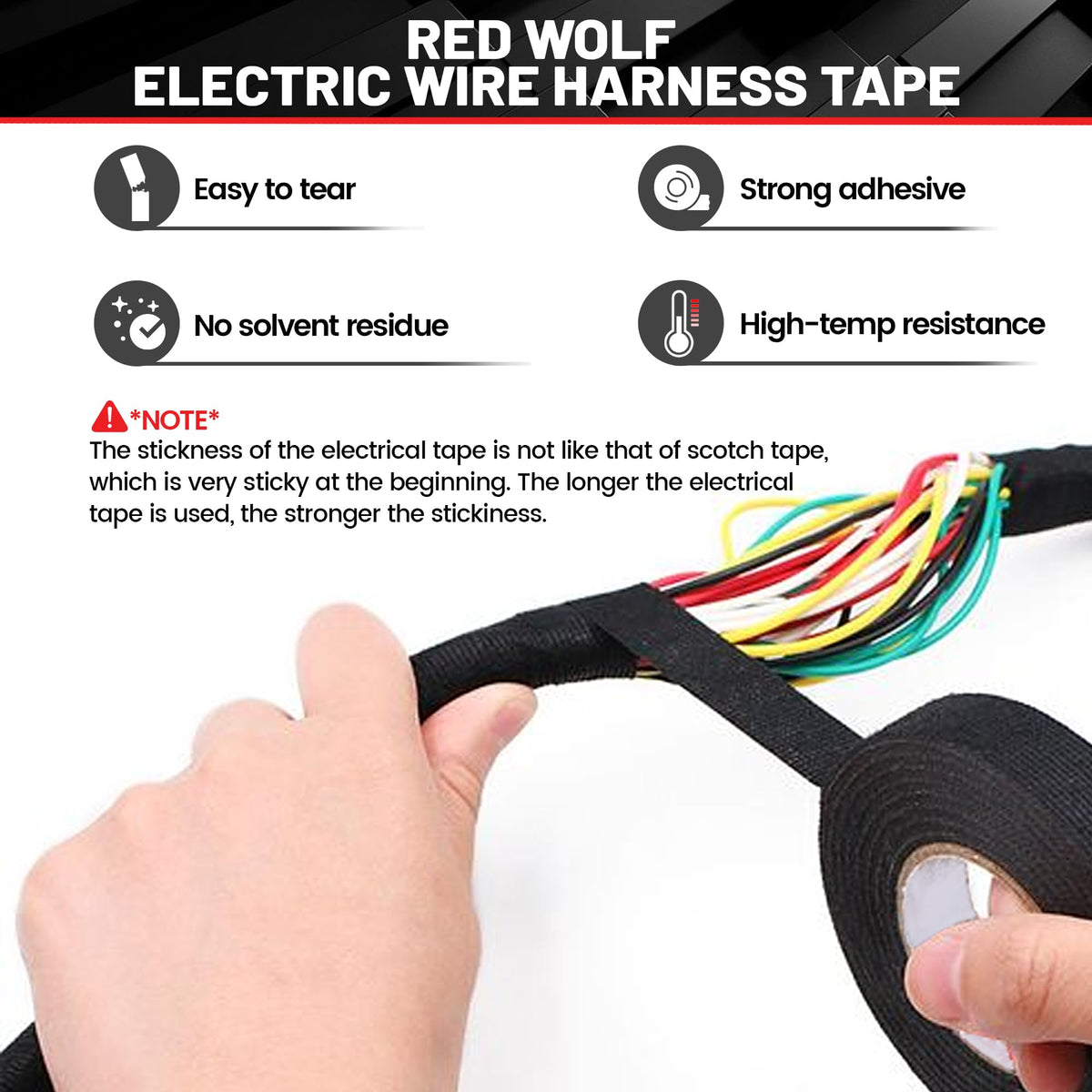 Red Wolf self-adhesive tape close-up showing strong adhesion