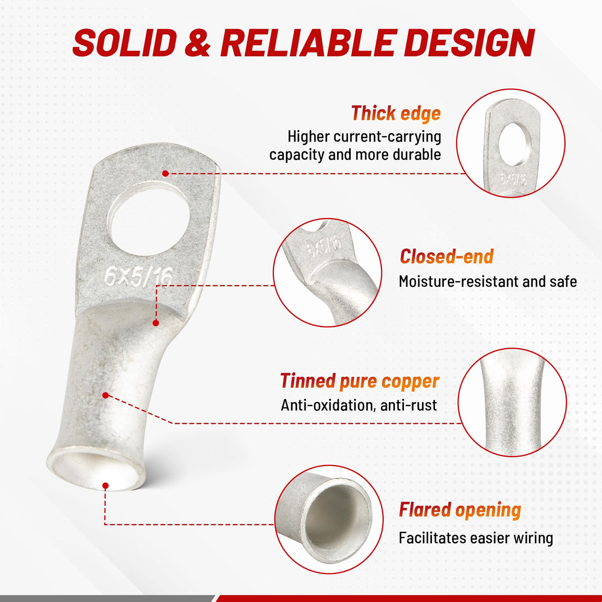 Red Wolf tinned copper lug demonstrates corrosion resistance for outdoor automotive use.