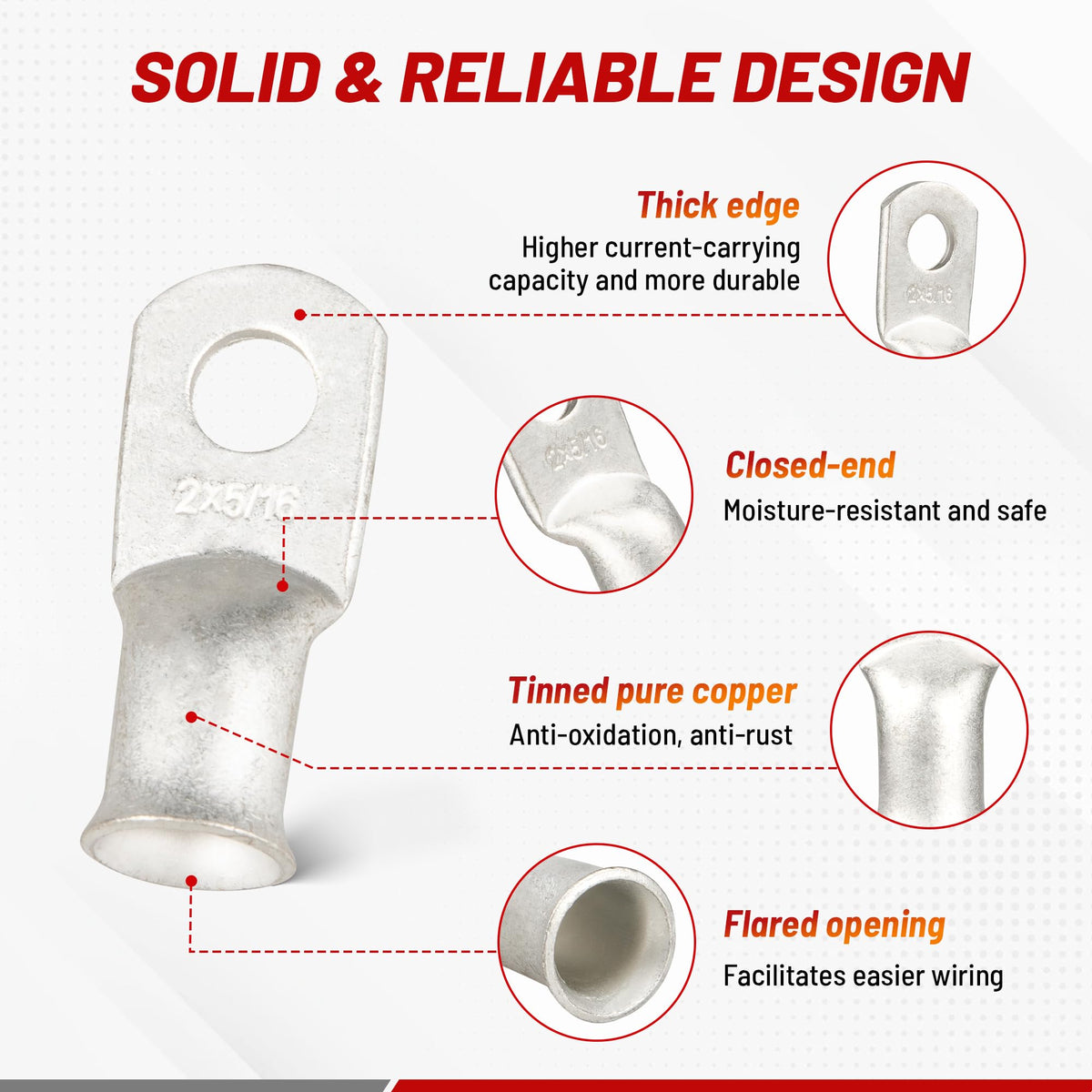 Red Wolf tinned copper ring terminals resist corrosion in harsh conditions.