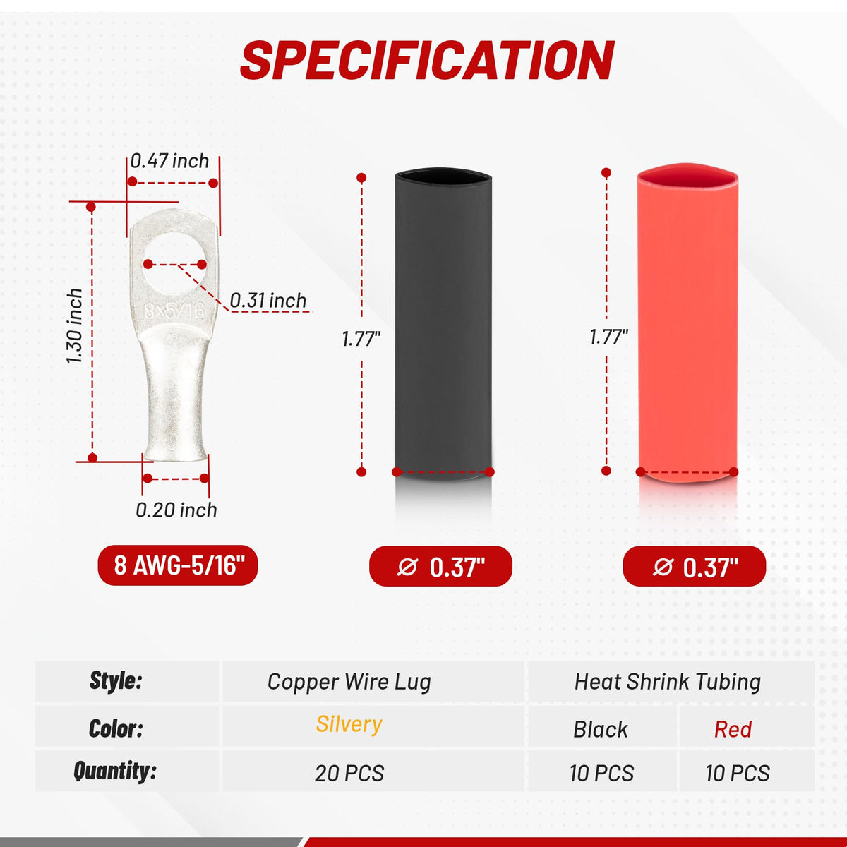 Red Wolf tinned copper ring terminals provide reliable conductivity and corrosion resistance.