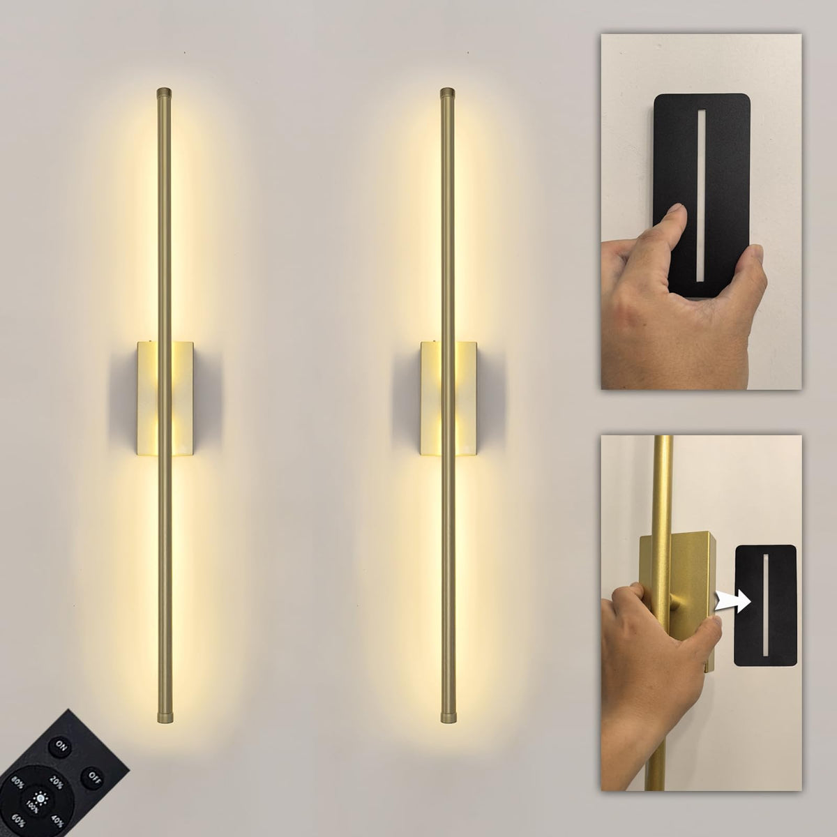 Reddragon Lighting gold cordless wall sconce, sleek front view for subtle ambient living room lighting.