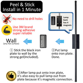 Reddragon Lighting peel-and-stick sconce with iron plate enabling nail-free installation.