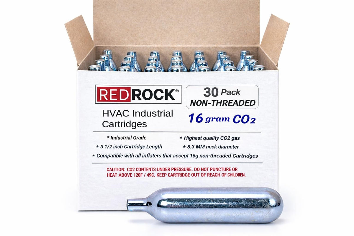 RedRock 16g CO2 cartridge unthreaded, ready for fast HVAC drain line clears.