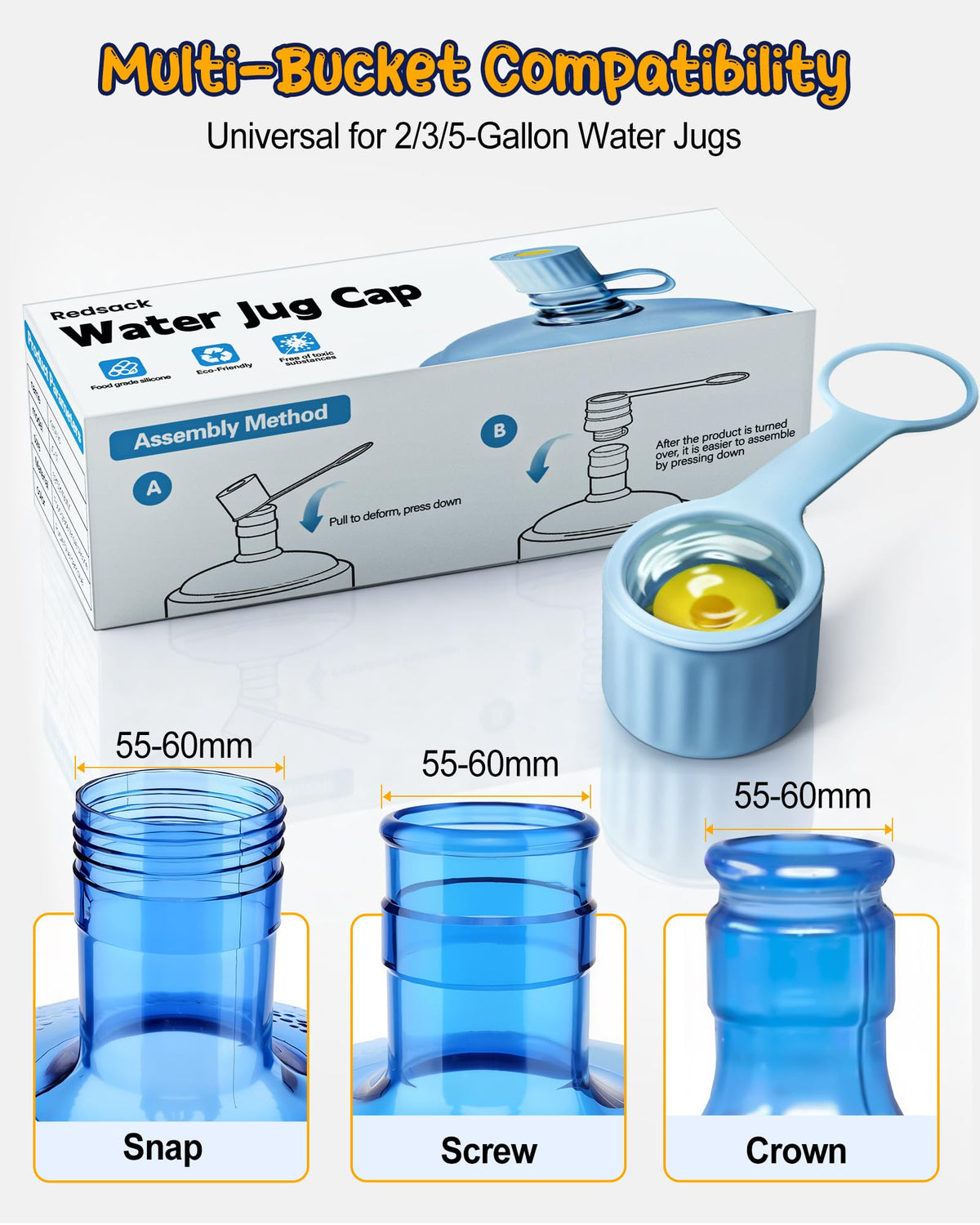 Redsack snap-fit plug design keeps jugs sealed when inverted.