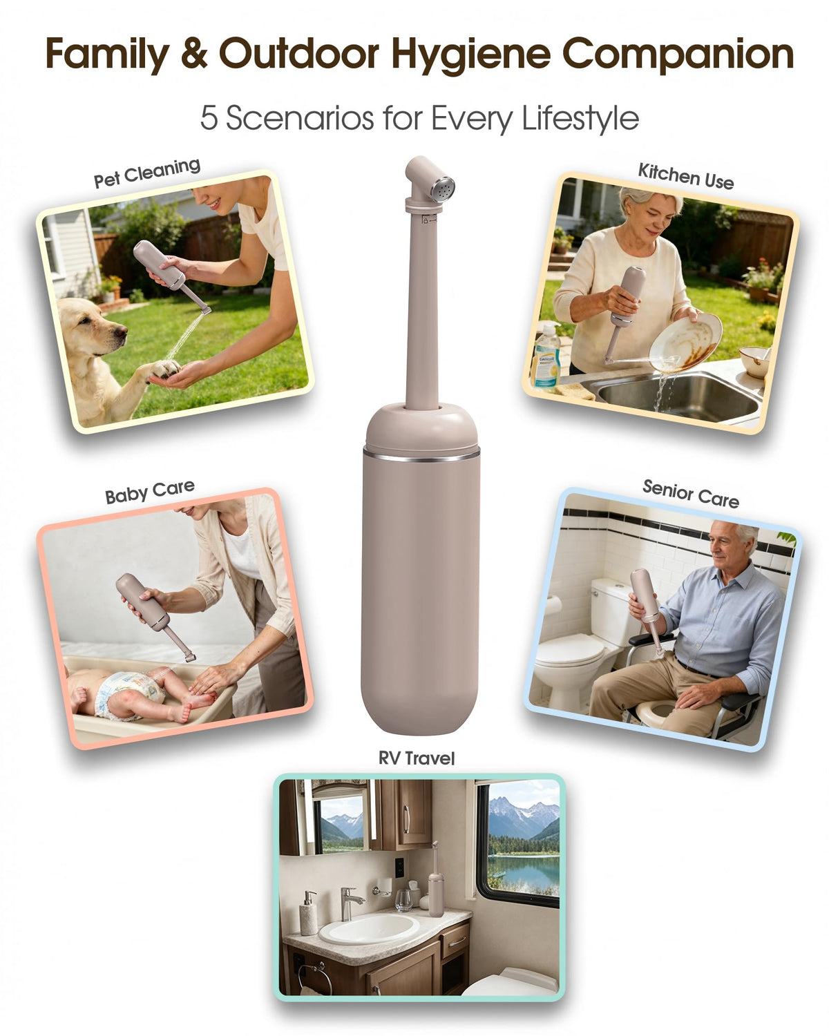 Redsack khaki portable bidet shown in bag-ready setup for camping