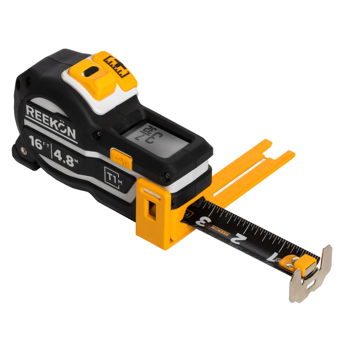 REEKON T1M 16ft digital tape measure in use with clear reading