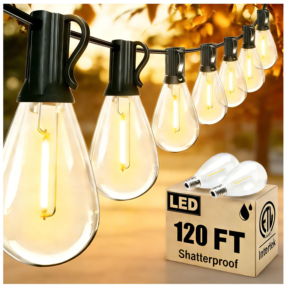 REEMEER 120ft outdoor string lights illuminate patios with warm ambiance.