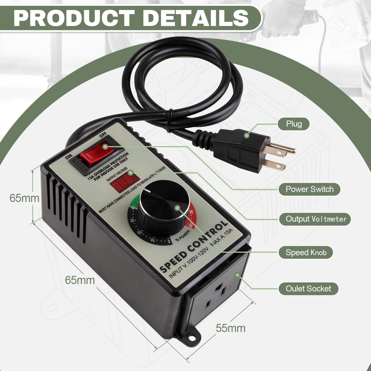Reemoo AC speed controller resettable overload protects circuits without fuses
