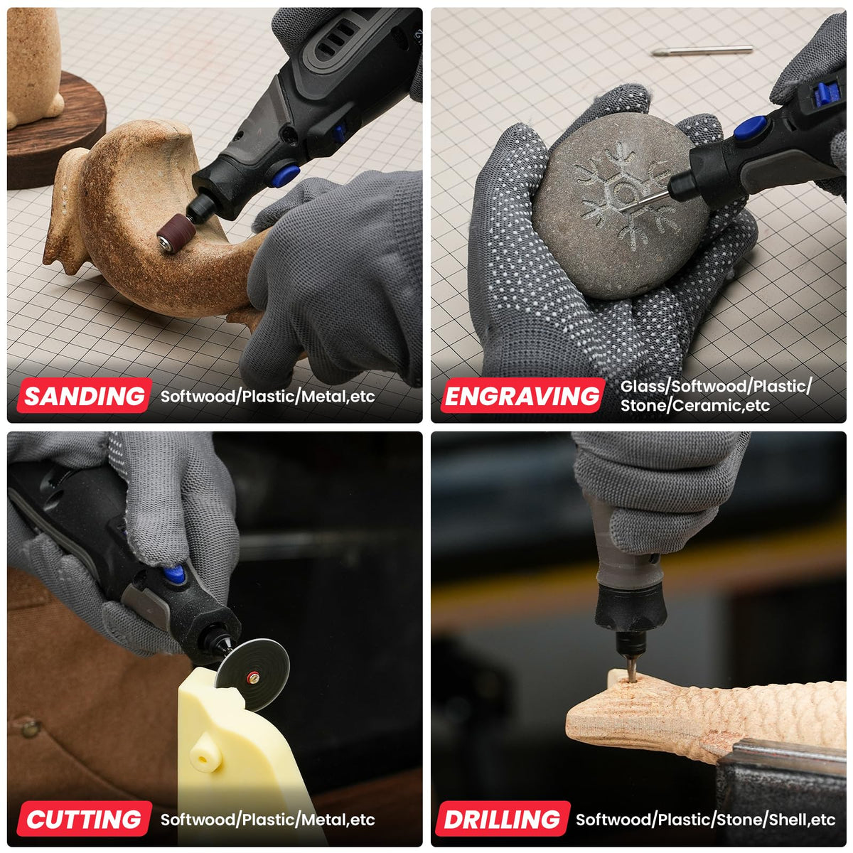 Refenlan tools support cutting, grinding, and polishing across wood, metal, glass, and plastic
