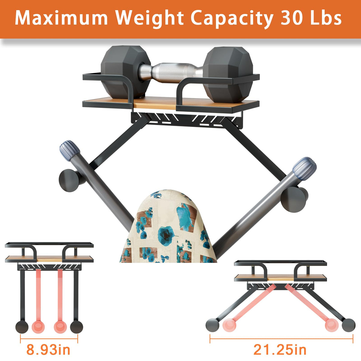 Heavy-duty 30 lb capacity holds iron, steamer, and accessories.