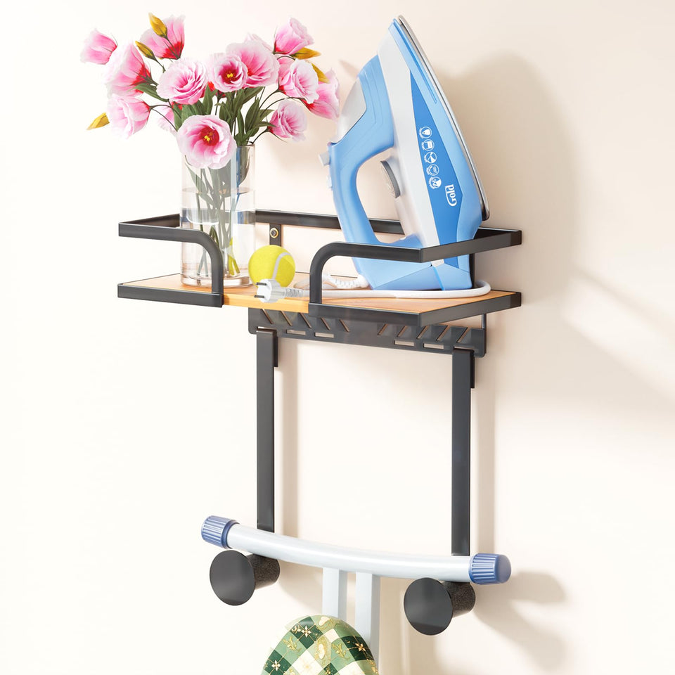REFGY ironing board hanger with wood shelf keeps laundry area tidy.