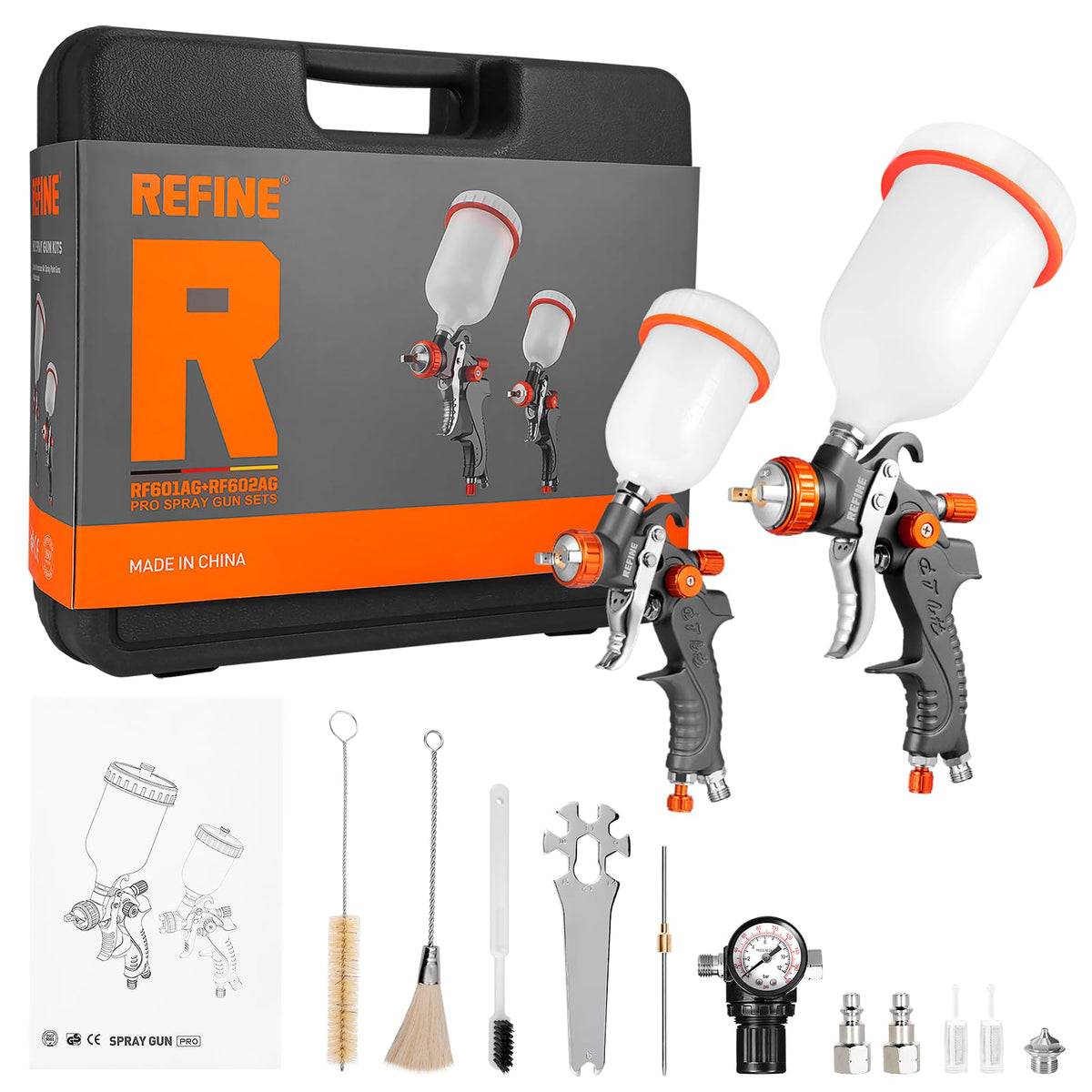 REFINE HVLP spray gun set with two guns and aluminum body for durable painting.