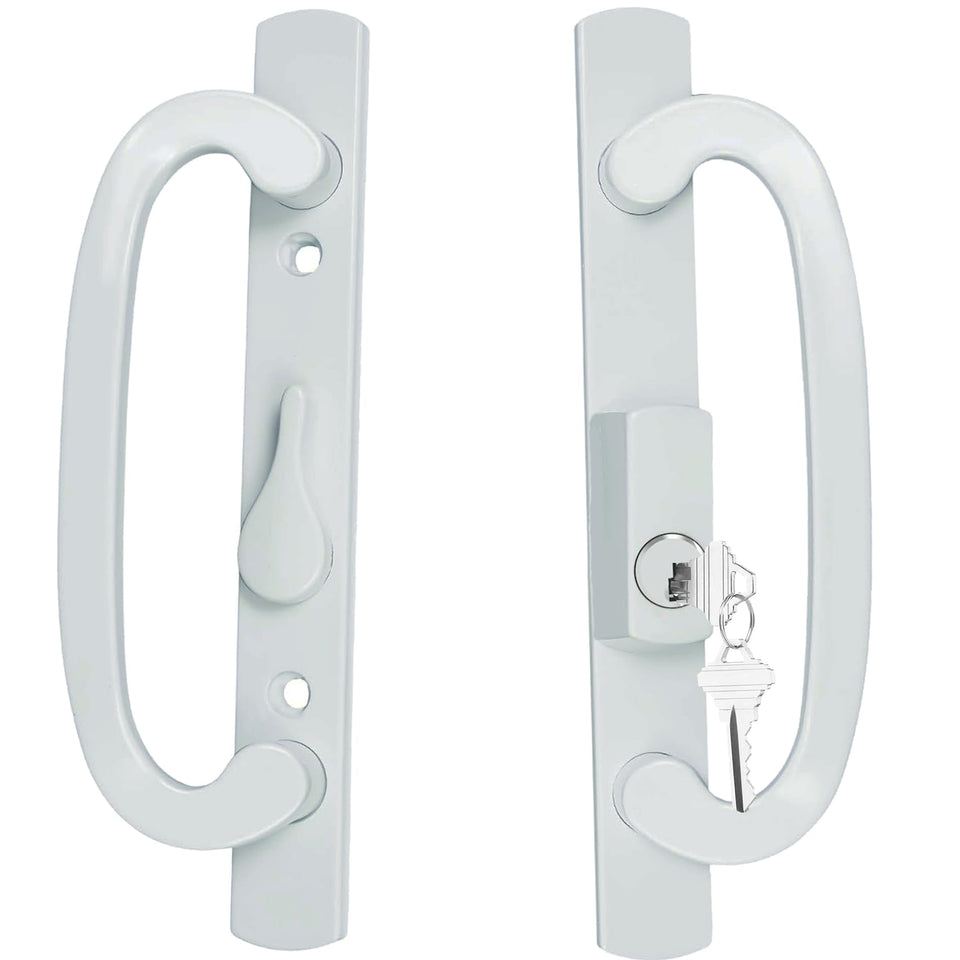 ReigaHood keyed sliding door handle front view in white diecast