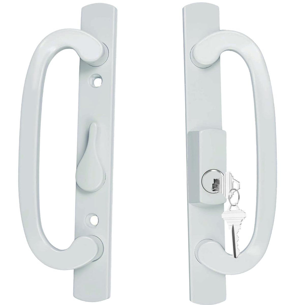 ReigaHood keyed sliding patio handle front view in white diecast for legacy doors
