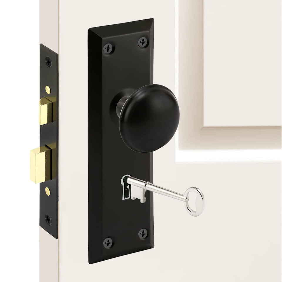 ReigaHood mortise lock set front view shows sturdy matte black finish for interior doors.