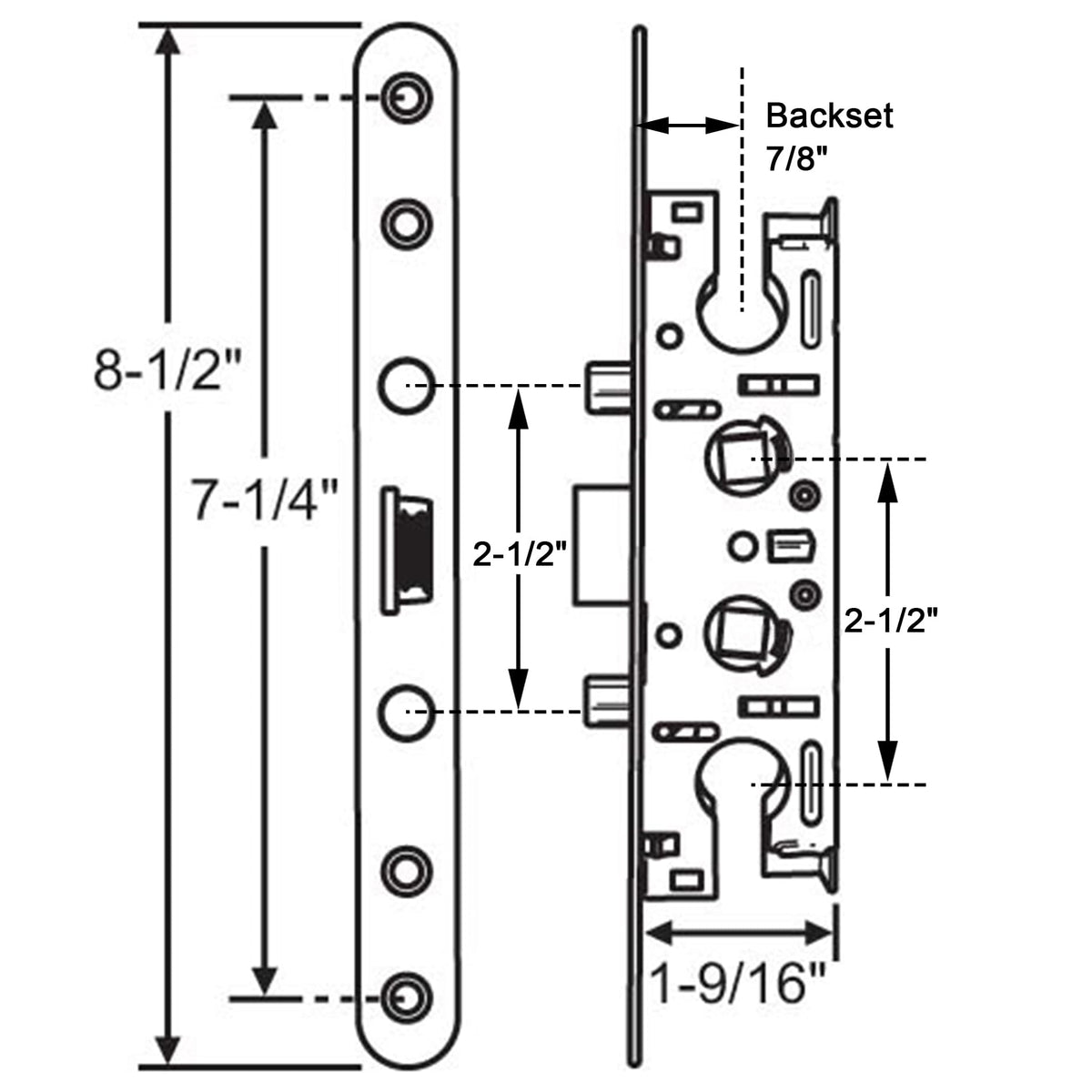ReigaHood Pella storm door handle PZ detail shows precise 2-1/2 inch spacing.