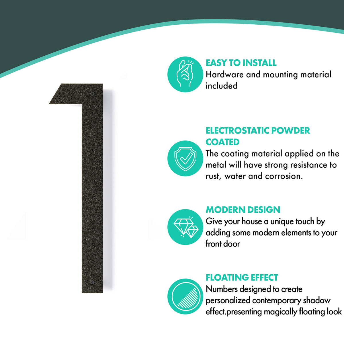 REINCARVATION metal address plate mounts on wall for clear, long-lasting exterior numbering.