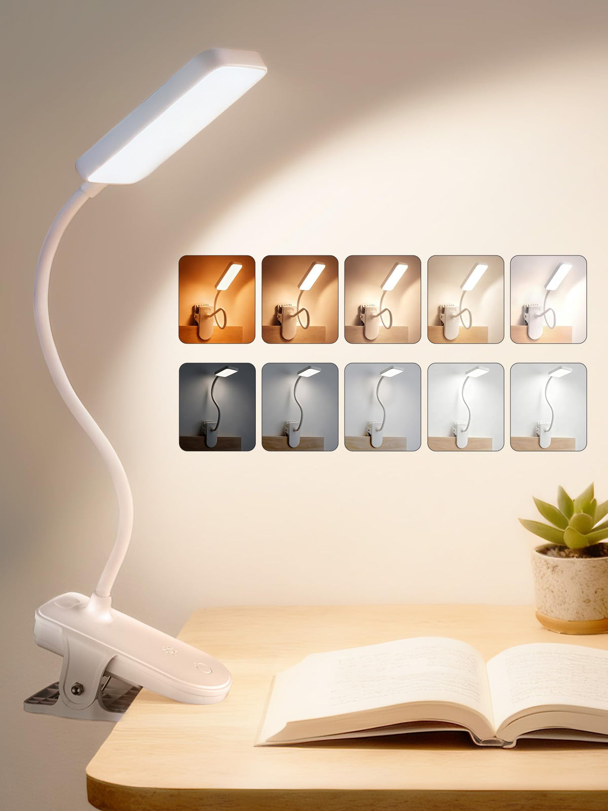 ReinHoo clip-on light showing 9 brightness levels and 5 color modes for versatile reading.