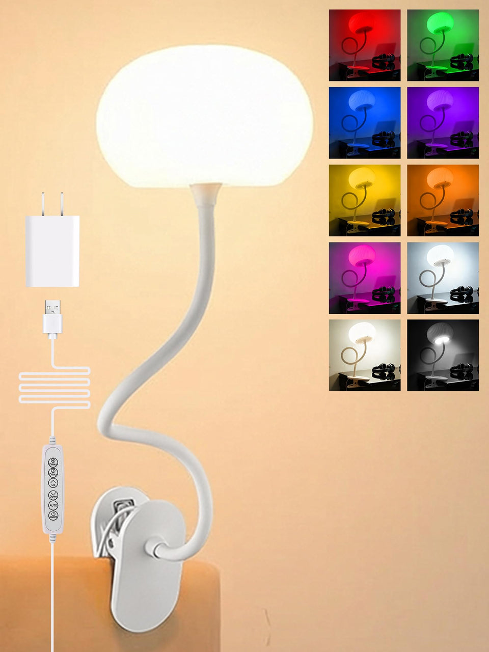 ReinHoo Clip on Light with gooseneck illuminates bedheadboard for late-night reading.