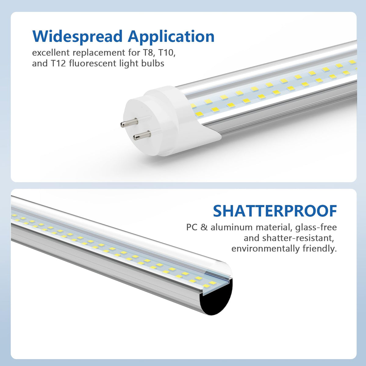 Reisener T8 LED bulbs durable aluminum and polycarbonate construction for safe, shatter-resistant installation.
