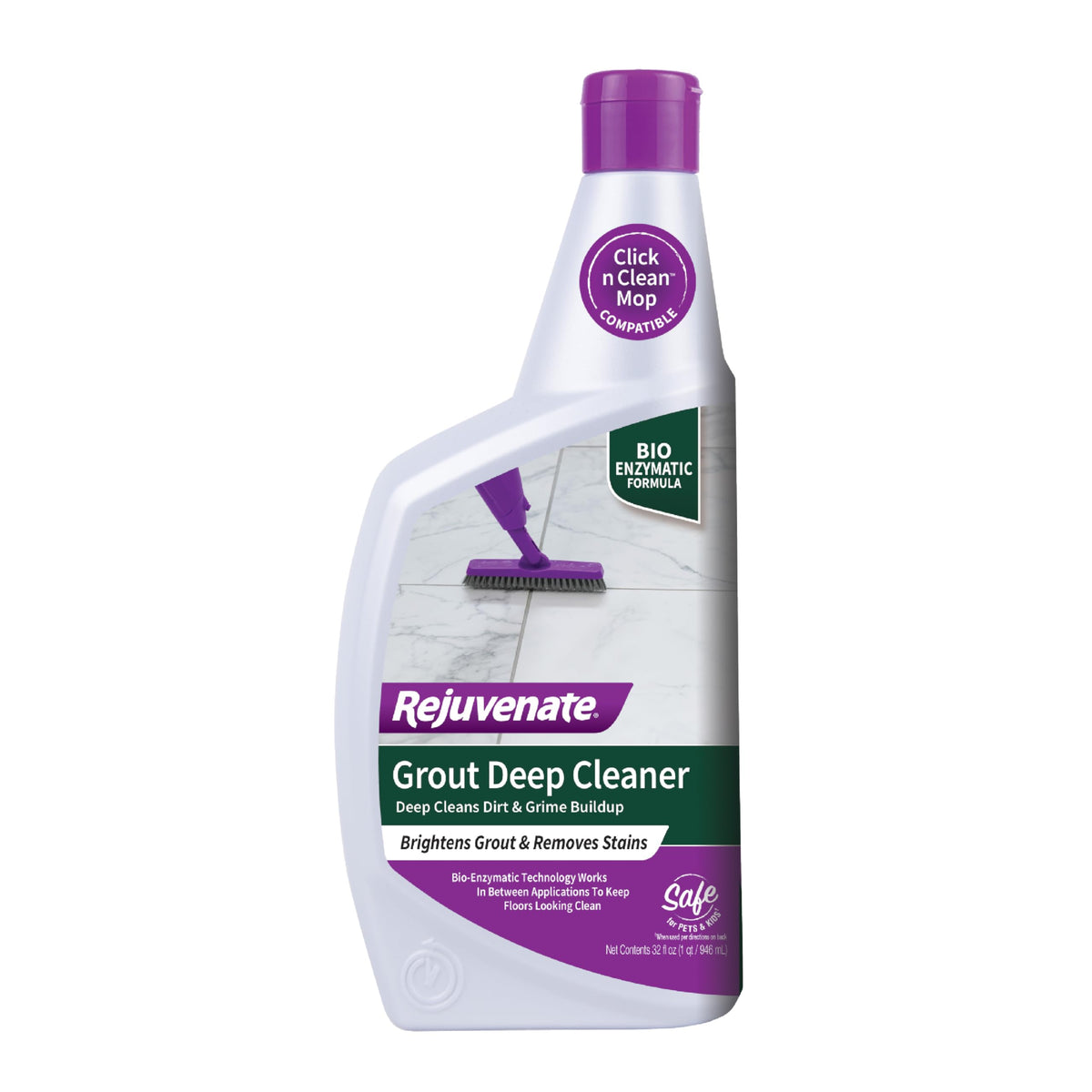 Rejuvenate Grout Deep Cleaner bottle pour shows easy application for deep grout cleaning