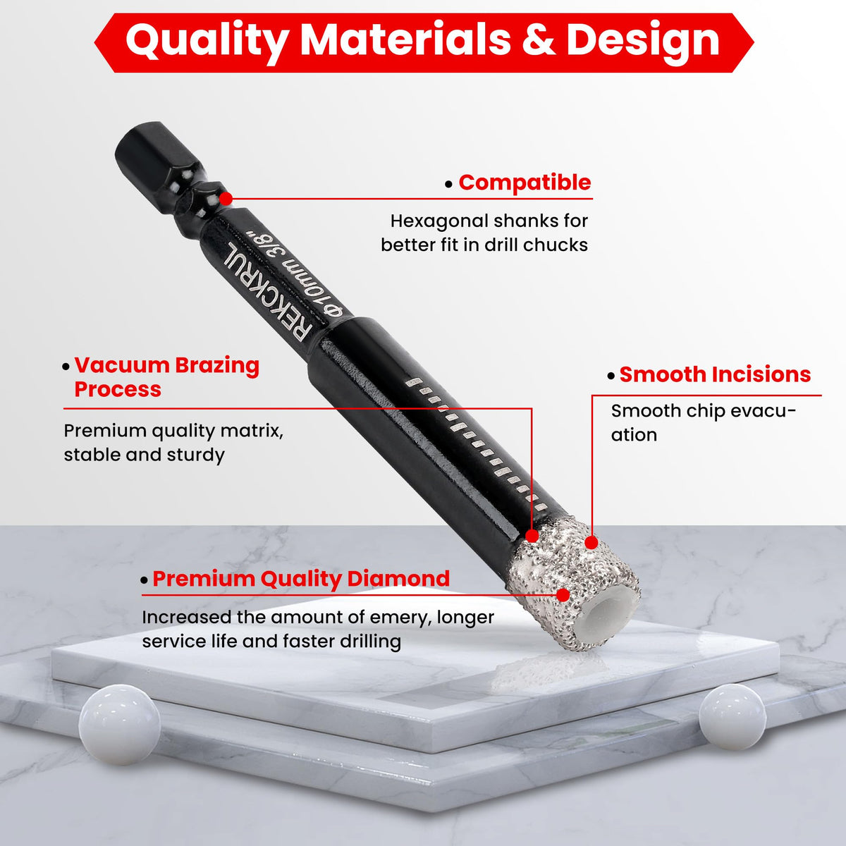 REKCKRUL diamond drill bit for glass-stone cutting and accurate holes.