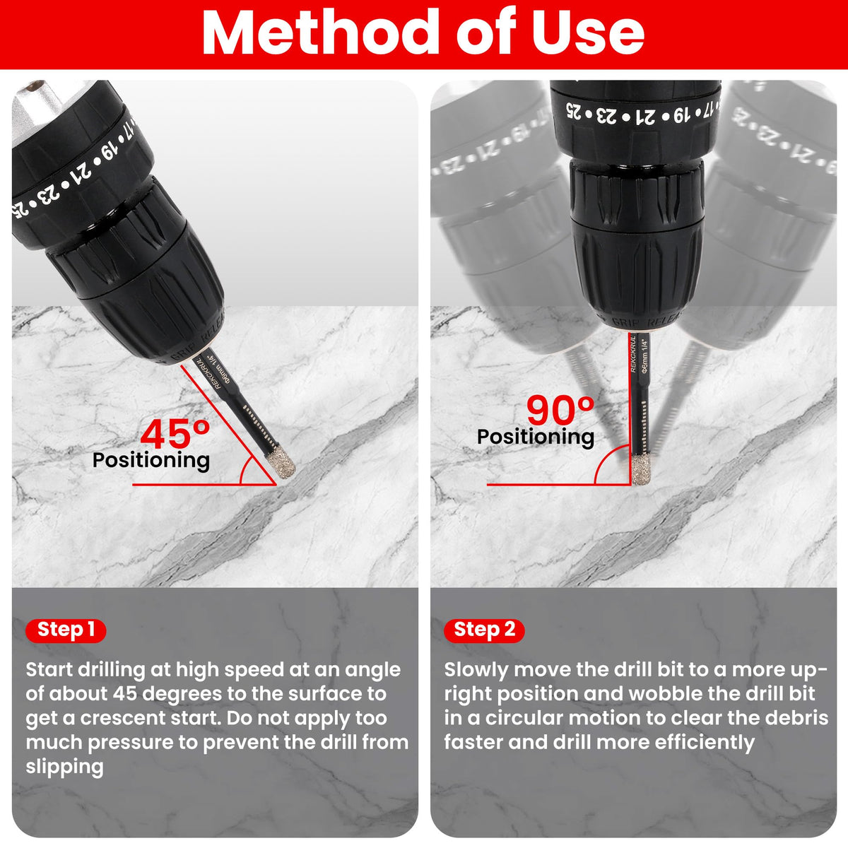 REKCKRUL diamond drill bit with hex shank ensures secure grip during use.