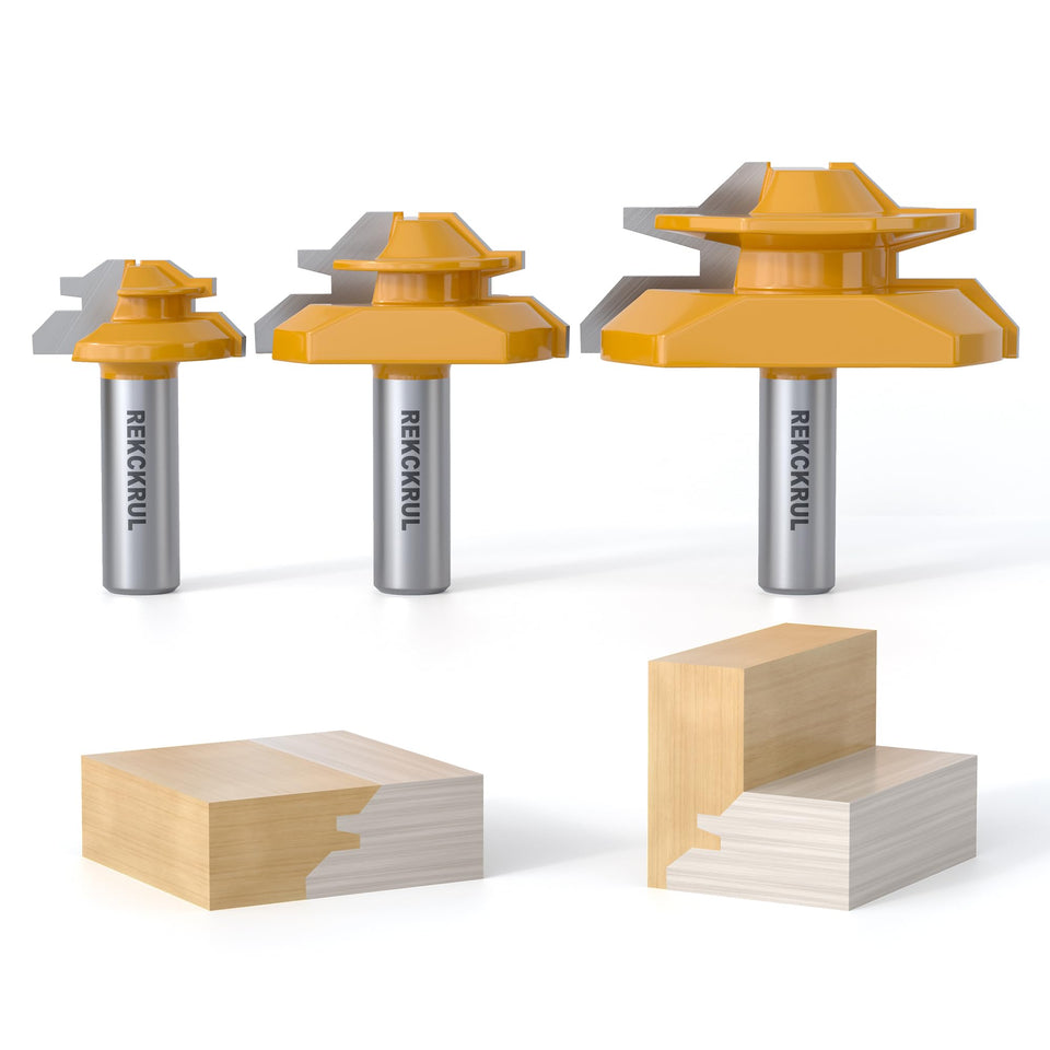 REKCKRUL lock miter bit set close-up highlighting sharp carbide blades for clean, precise cuts