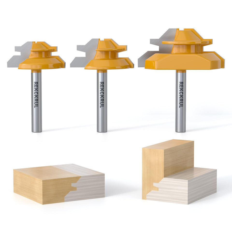 REKCKRUL lock miter set shows precise 45-degree cuts for clean joints.