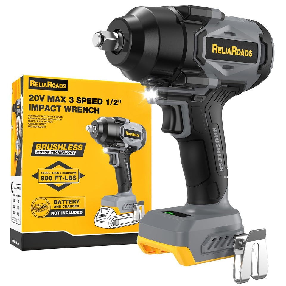 ReliaRoads 900 ft-lbs cordless impact wrench shown for high-torque removal with improved control.