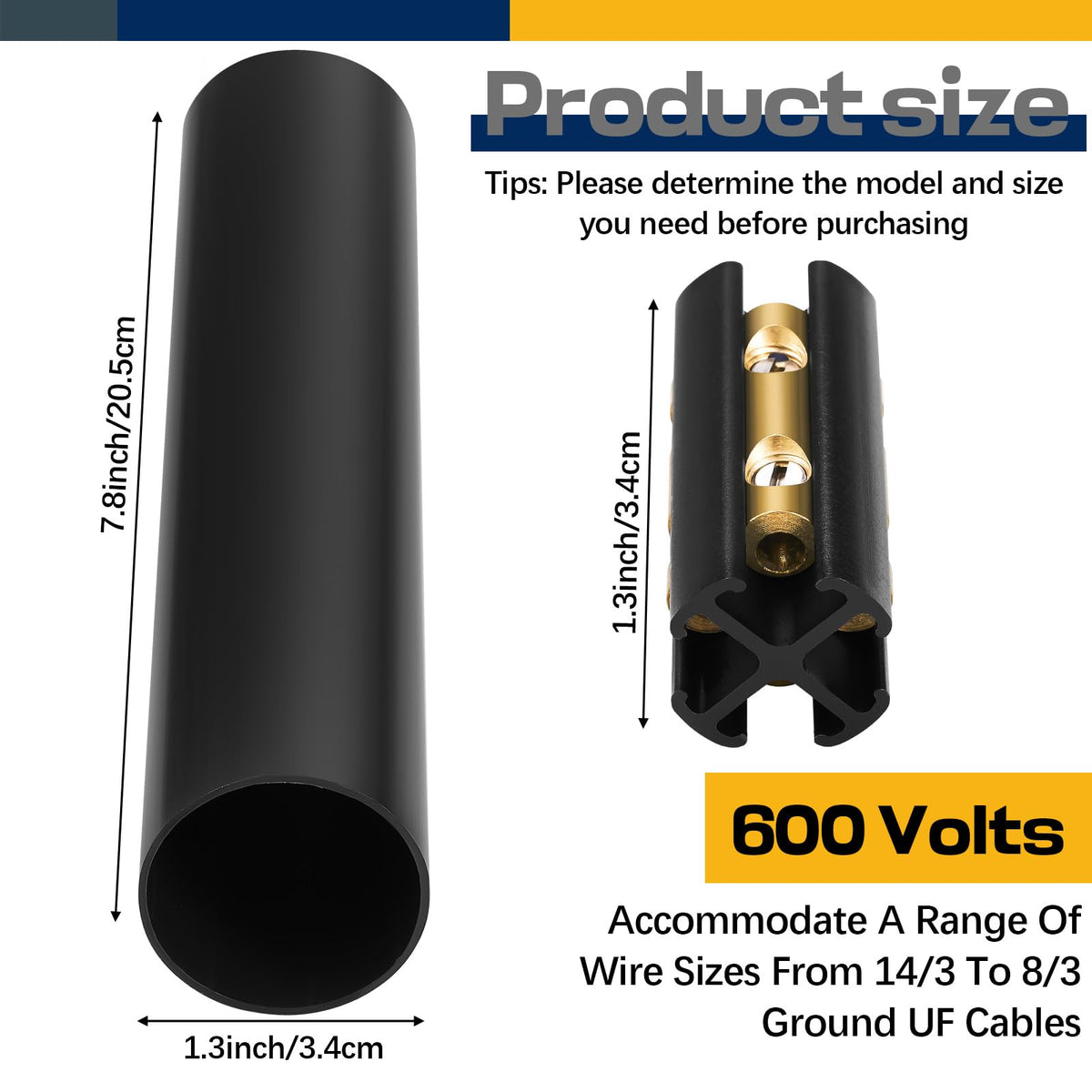 Relaxweex connectors close-up shows compatibility with 14/3 to 8/3 UF cables