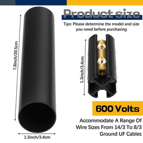 Relaxweex connectors close-up shows compatibility with 14/3 to 8/3 UF cables
