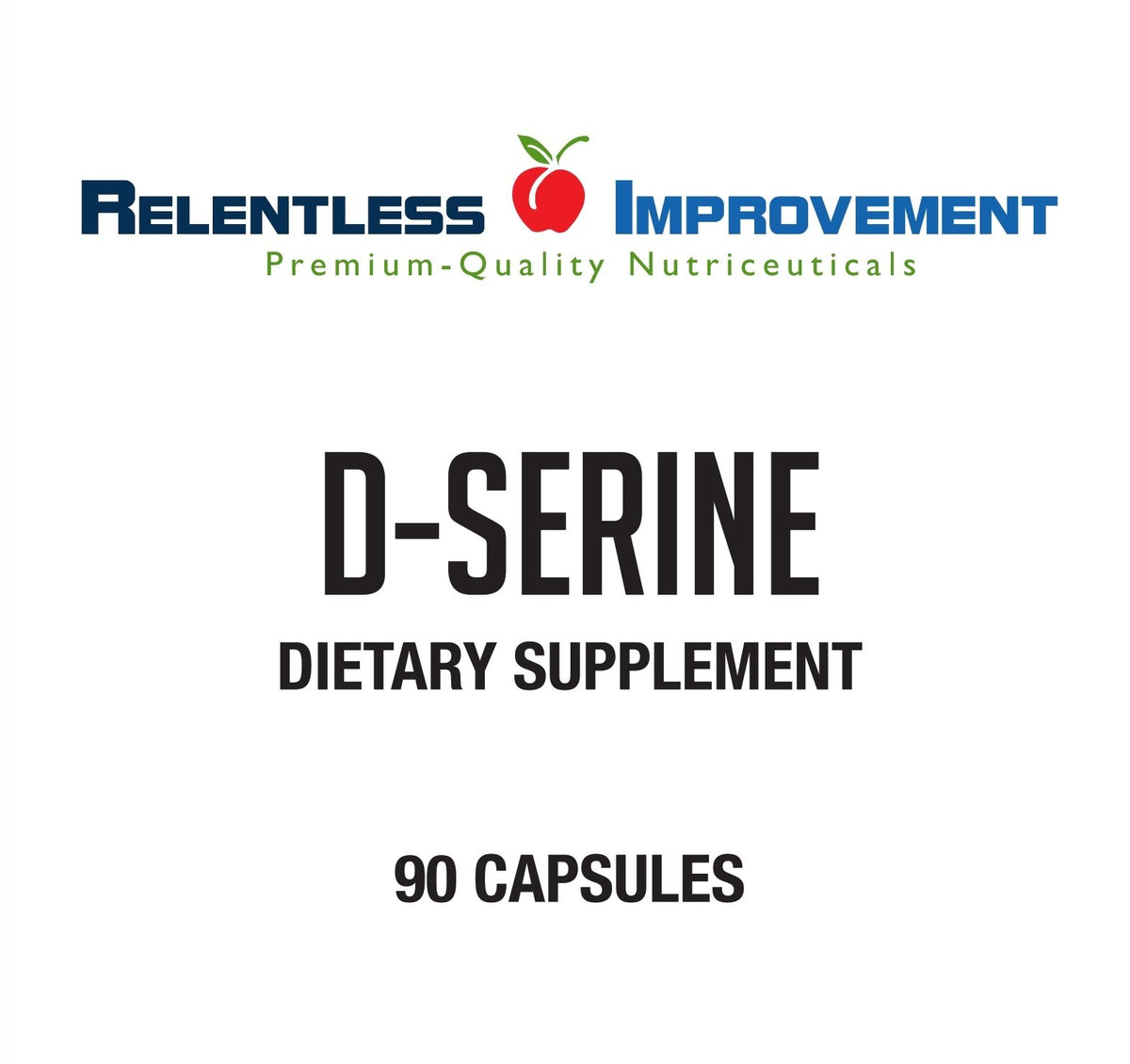 Relentless Improvement D-Serine bottle side view highlighting vegan formula for cognitive support.