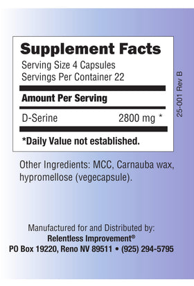 Relentless Improvement D-Serine capsules close-up displaying 700mg serving for daily use.
