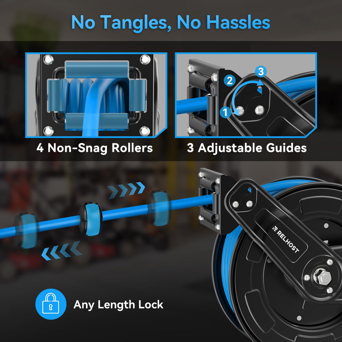 Relhost 135-degree guide arm eases hose positioning for tasks.