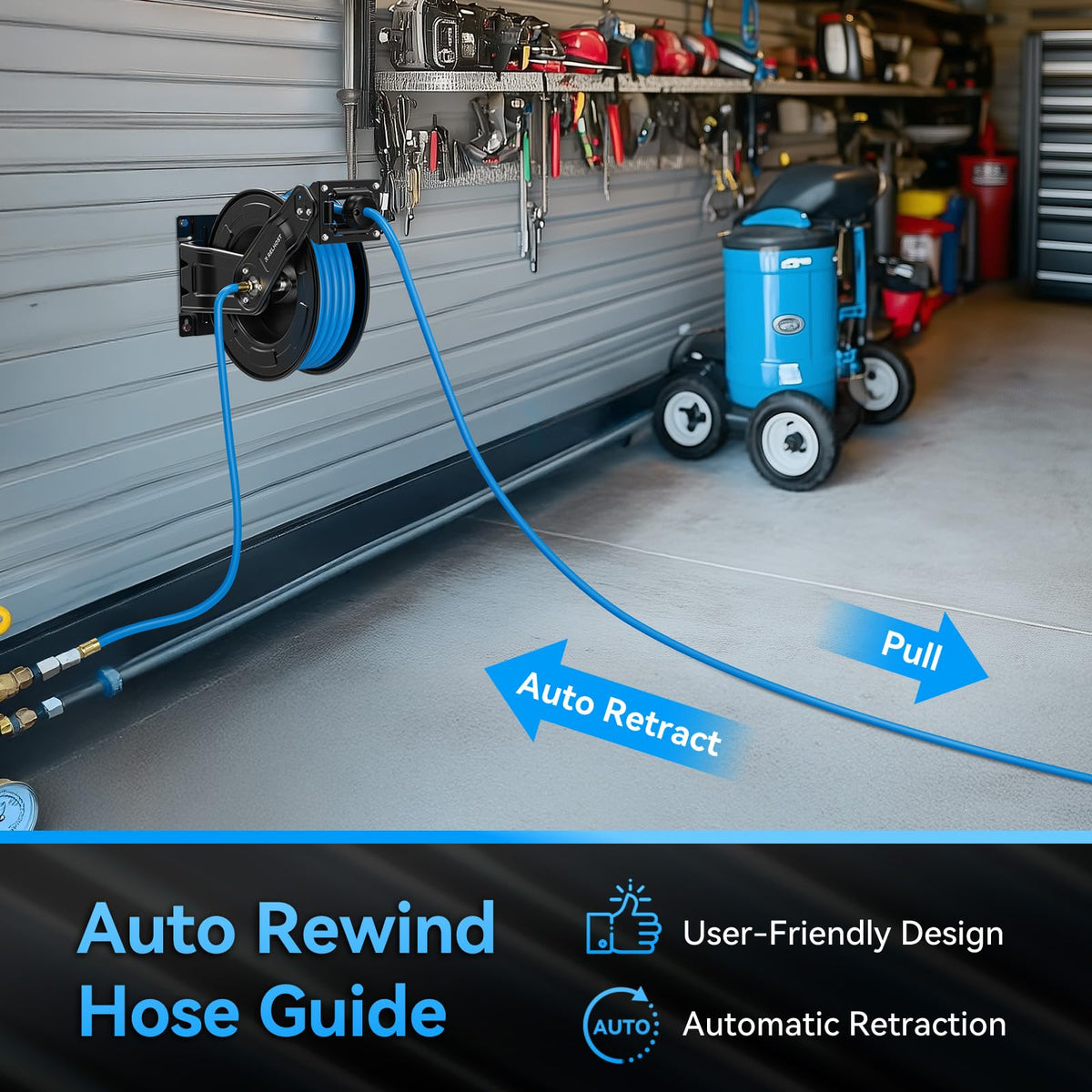 Relhost auto rewind with lock keeps hose at a chosen length.
