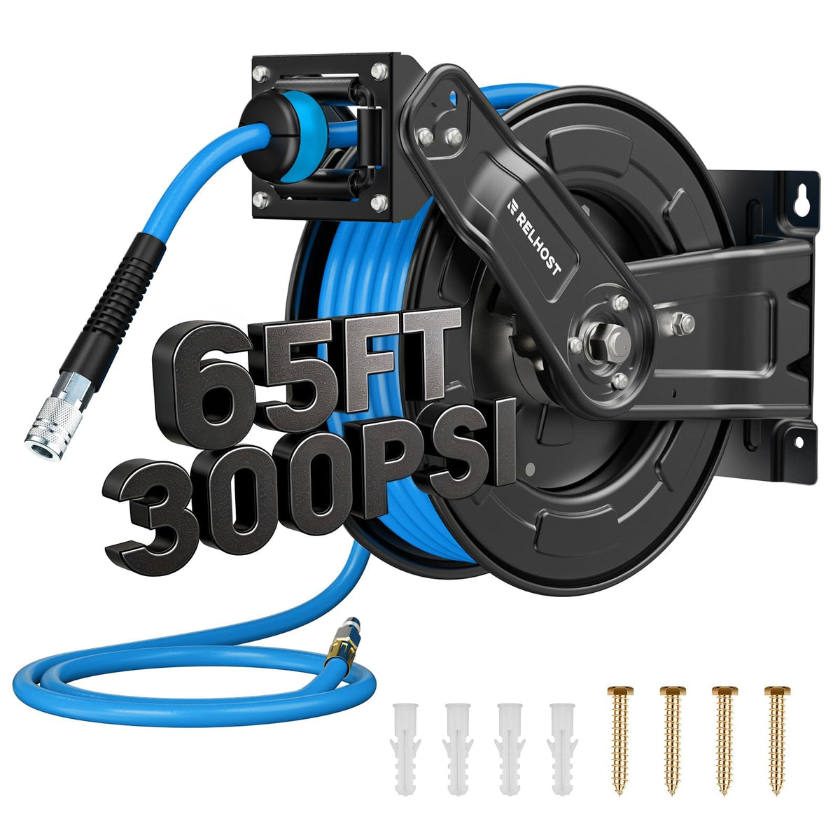 Relhost retractable air hose reel with 65ft hose for clutter-free workshop organization.