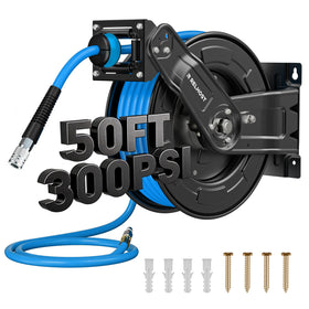 Relhost retractable air hose reel with fifty-foot three-eighths inch hose for organized garages.