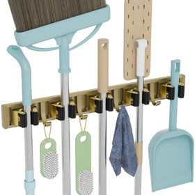 Reliahom broom holder bronze back view showing five racks and four hooks for organized storage.