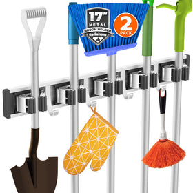 Reliahom broom holder wall mount securing brooms and mops for clutter-free storage
