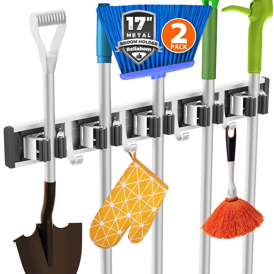 Reliahom broom holder wall mount securing brooms and mops for clutter-free storage