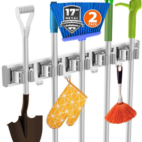 Reliahom broom holder wall mount with 5 racks and 4 hooks keeps tools neatly organized and accessible.
