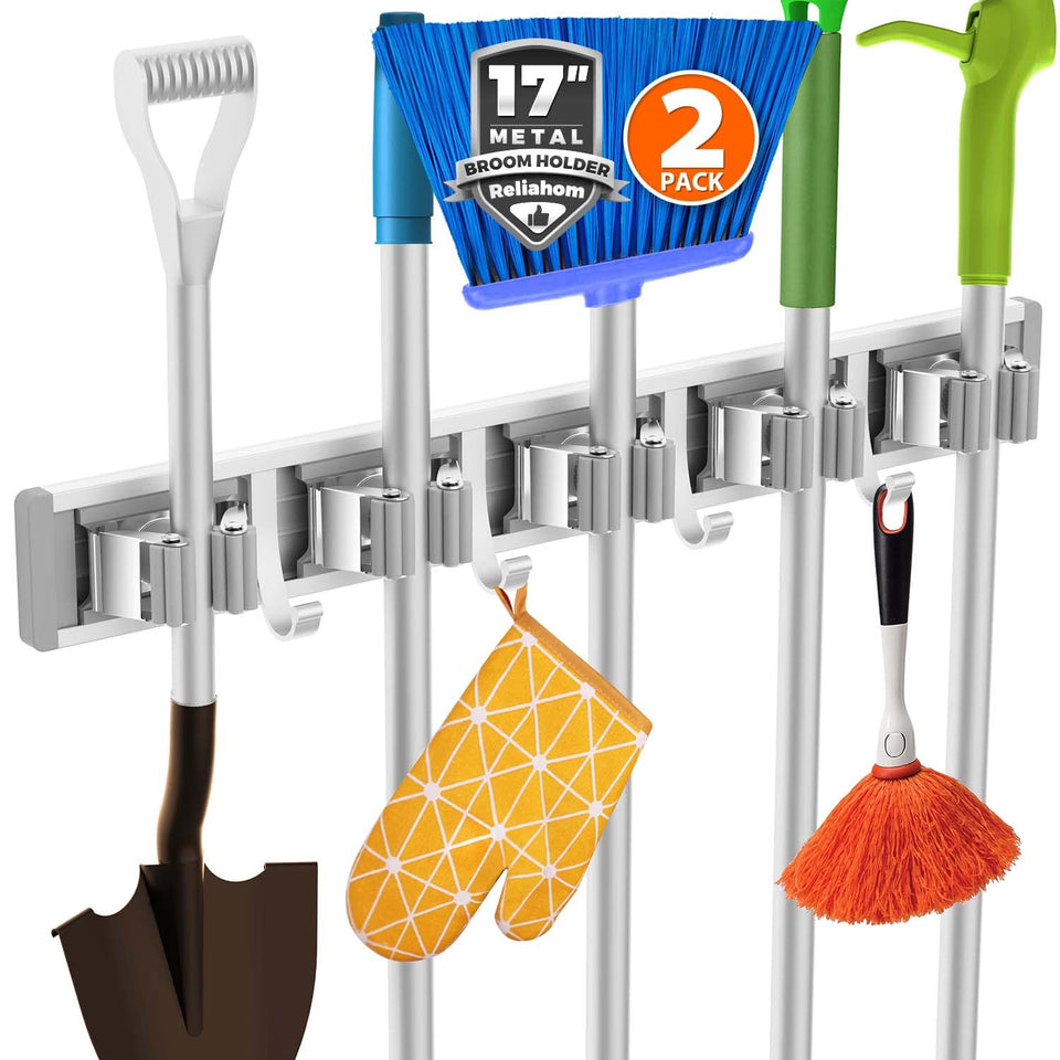 Reliahom broom holder wall mount with 5 racks and 4 hooks keeps tools neatly organized and accessible.
