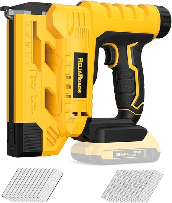 ReliaRoads 2-in-1 nailer-stapler in compact DeWALT 20V setup for overhead work