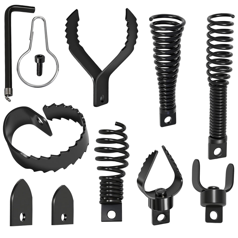 Relioky drain snake 9pcs set close-up showing cutting heads for tough clogs.