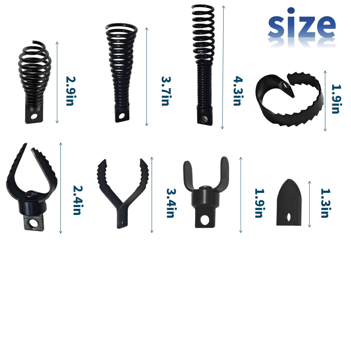 Relioky drain snake attachment cut-heads close-up highlights rust-resistant steel for durability.