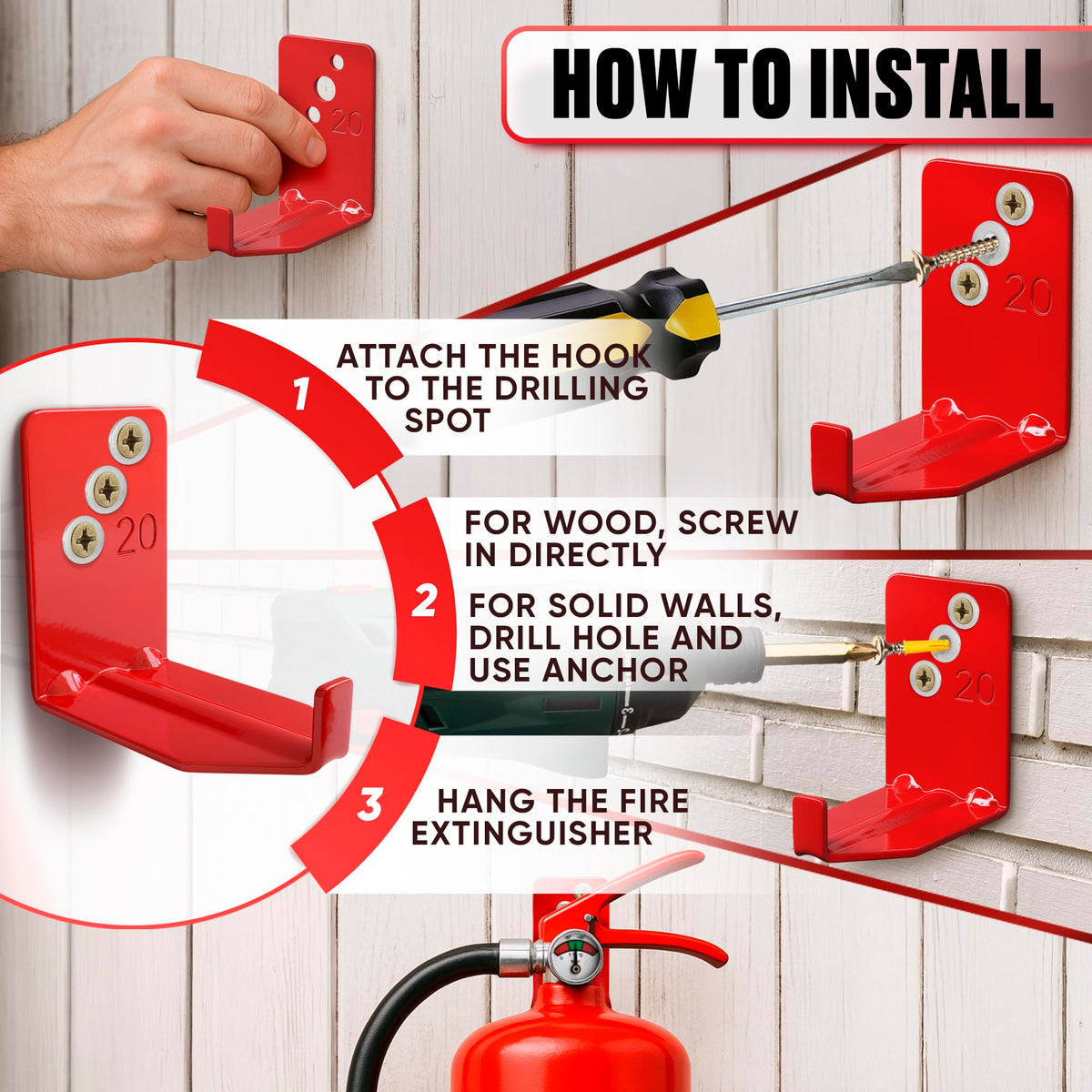Reluen easy-install extinguisher bracket designed for wood, metal, or masonry.
